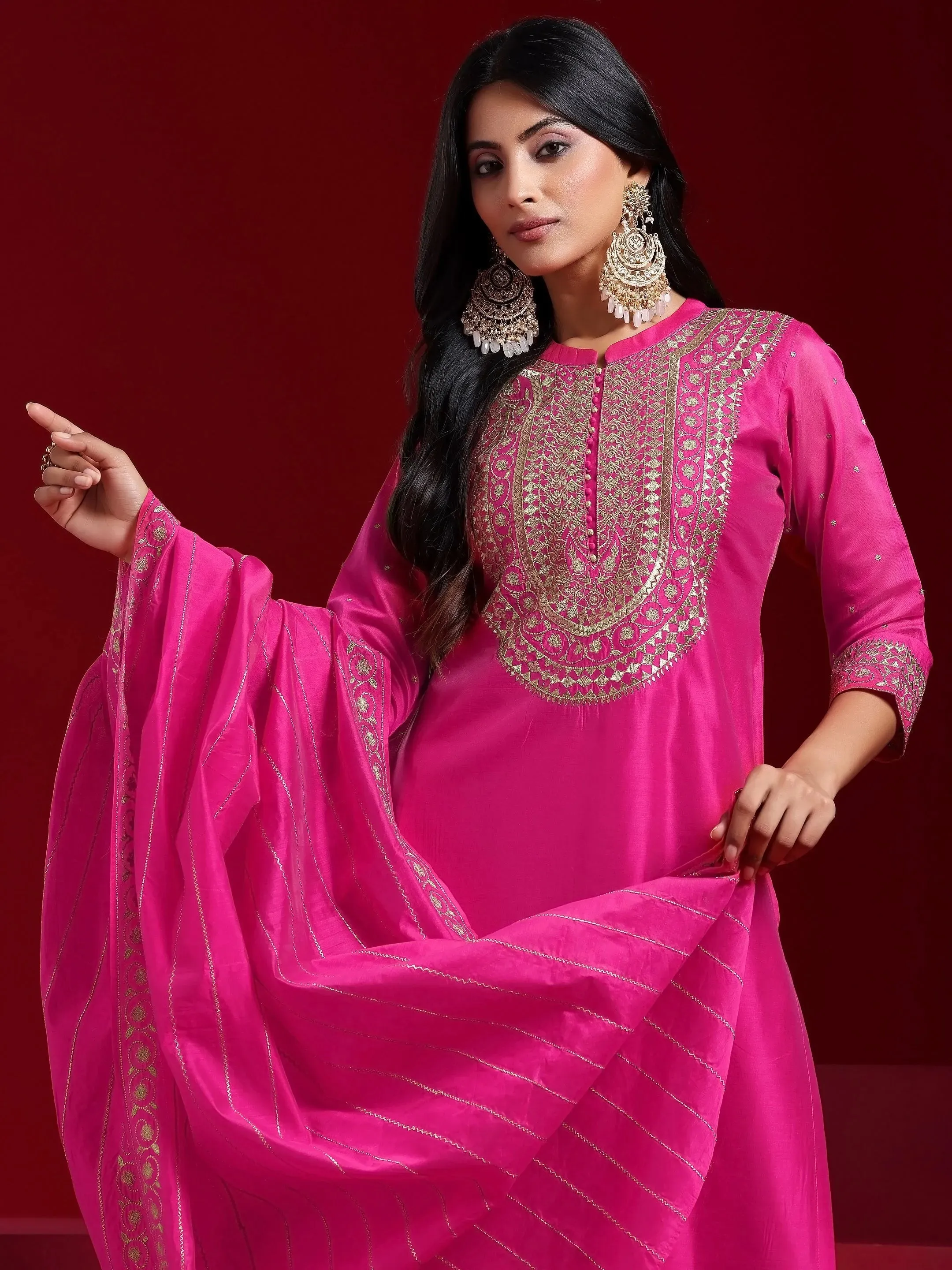 Jashvi Art Pink Yoke Design Chanderi Silk Straight Suit With Dupatta