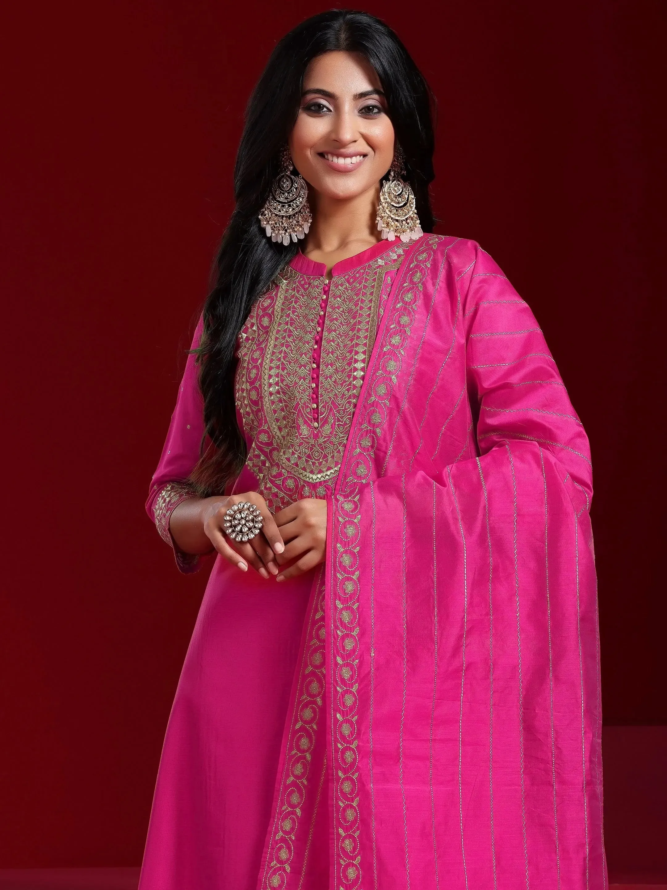 Jashvi Art Pink Yoke Design Chanderi Silk Straight Suit With Dupatta