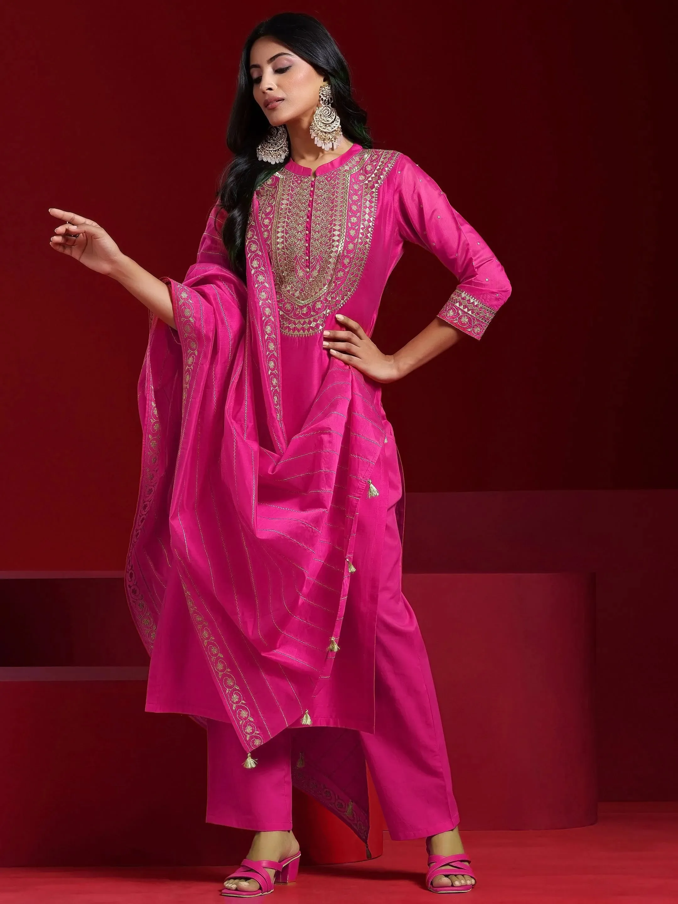 Jashvi Art Pink Yoke Design Chanderi Silk Straight Suit With Dupatta