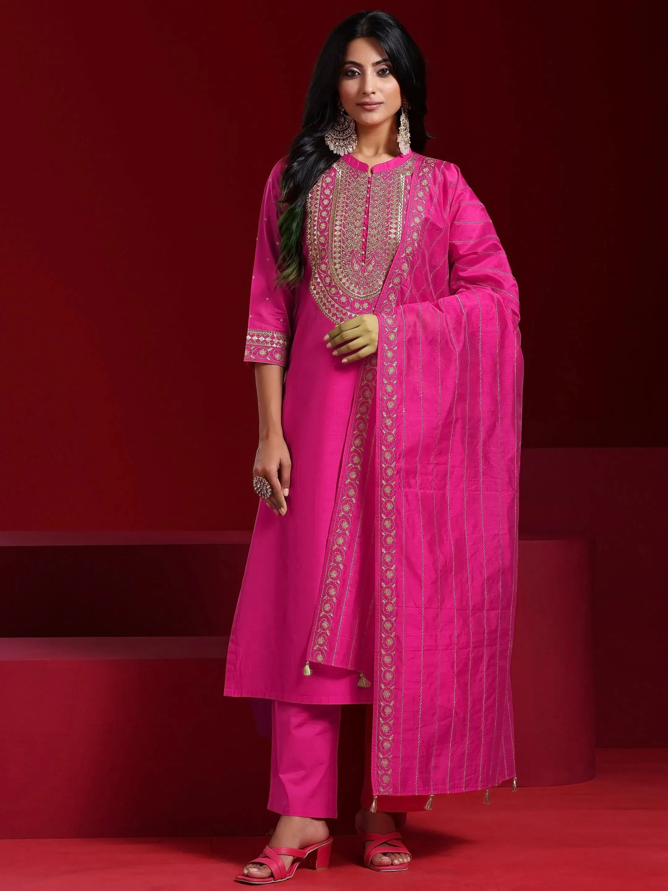 Jashvi Art Pink Yoke Design Chanderi Silk Straight Suit With Dupatta