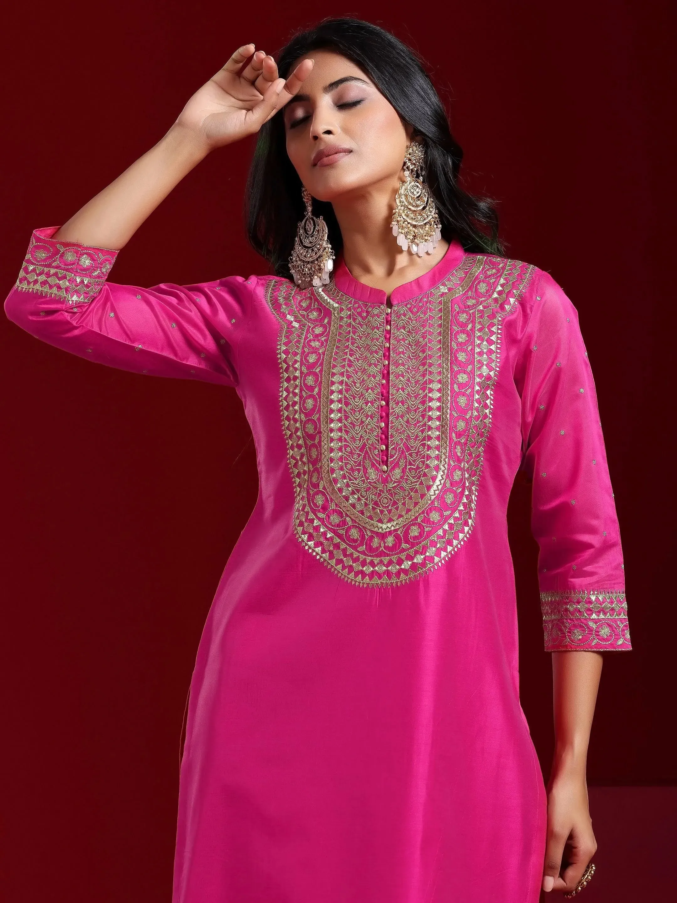 Jashvi Art Pink Yoke Design Chanderi Silk Straight Suit With Dupatta