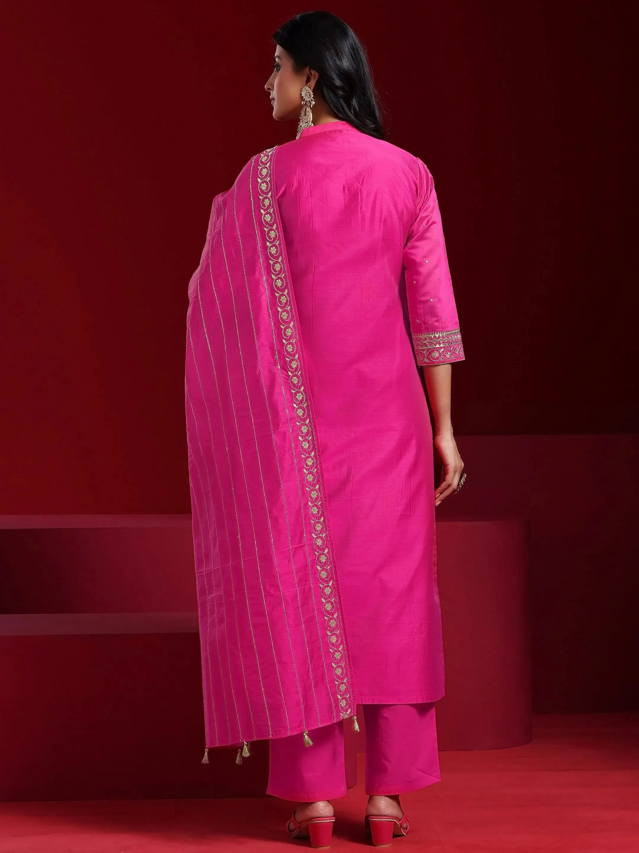 Jashvi Art Pink Yoke Design Chanderi Silk Straight Suit With Dupatta