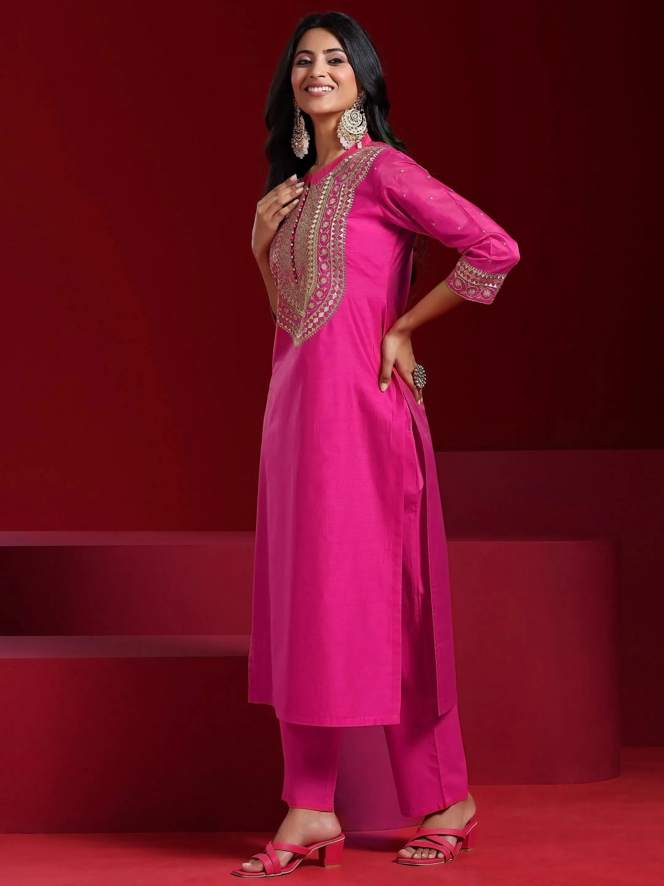 Jashvi Art Pink Yoke Design Chanderi Silk Straight Suit With Dupatta