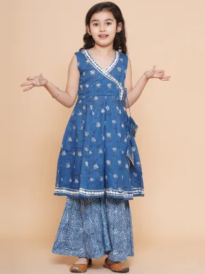 Jashvi Girls Blue Printed Kurta With Sharara