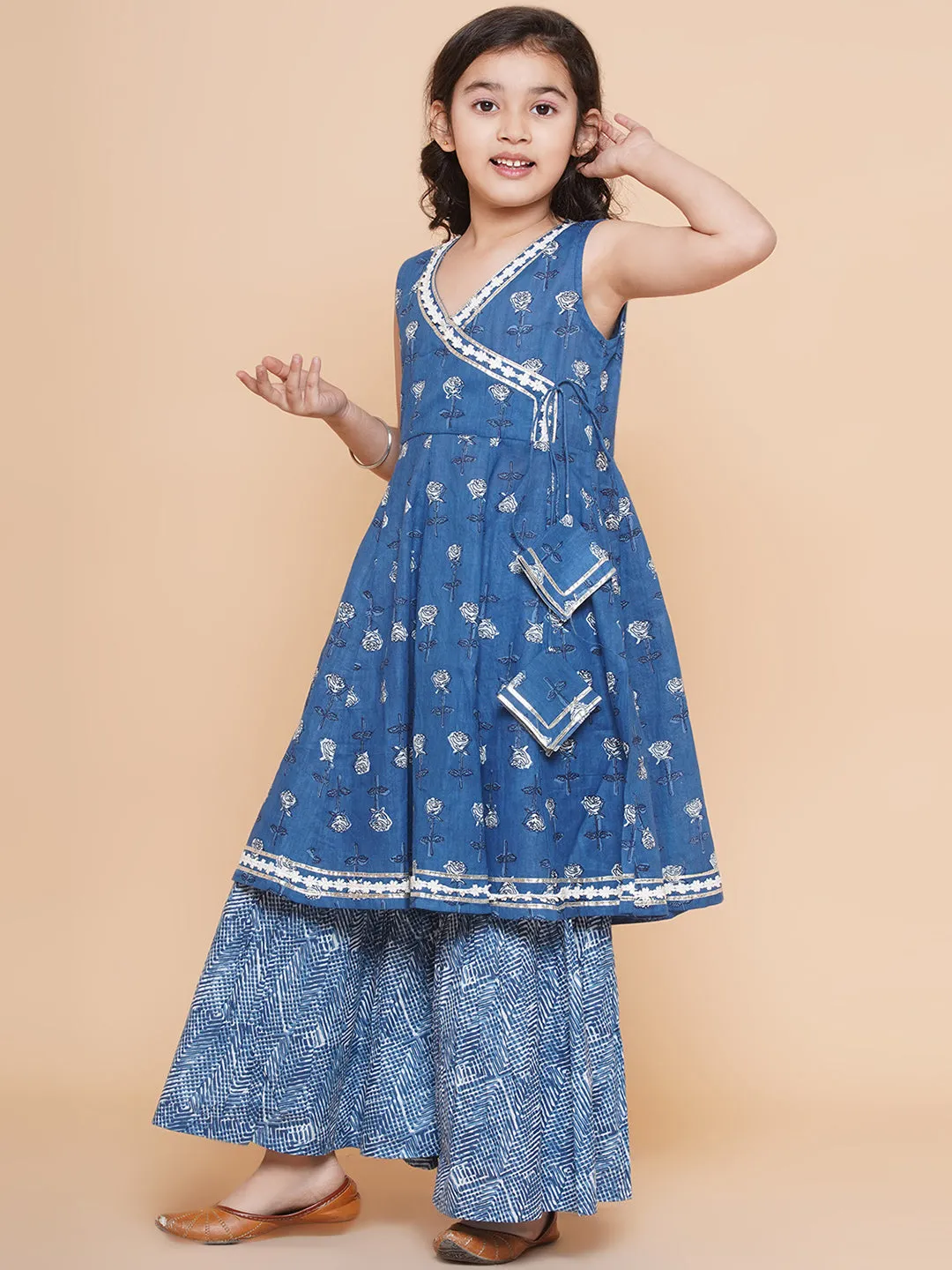 Jashvi Girls Blue Printed Kurta With Sharara