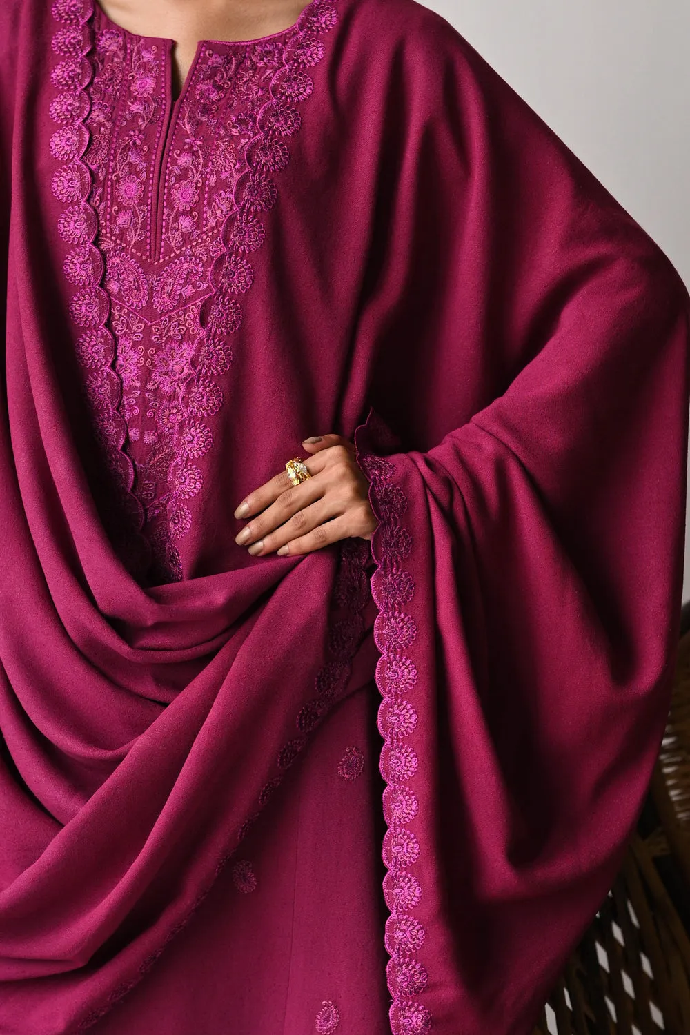 Luxury Karandi Vol II  - DEEP BERRY LUXURY EMBROIDERED KARANDI SET (NEL-24631)