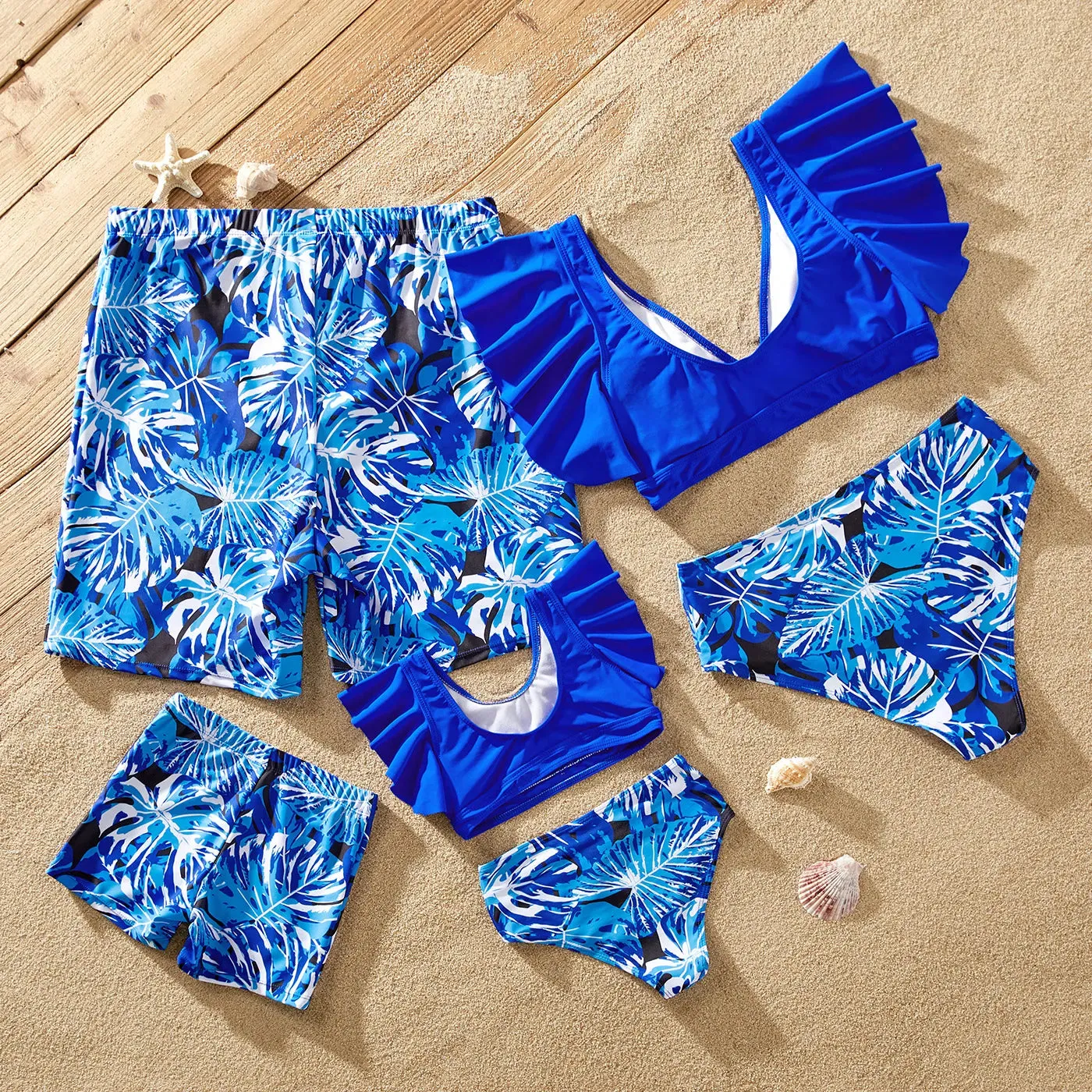 Matching Family Swimwear Blue Plant Floral Swimsuit