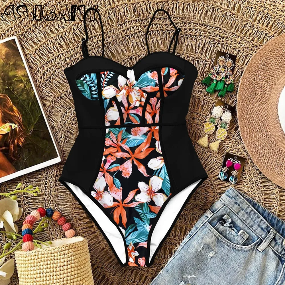 Monokini Print One Piece Swim Suit