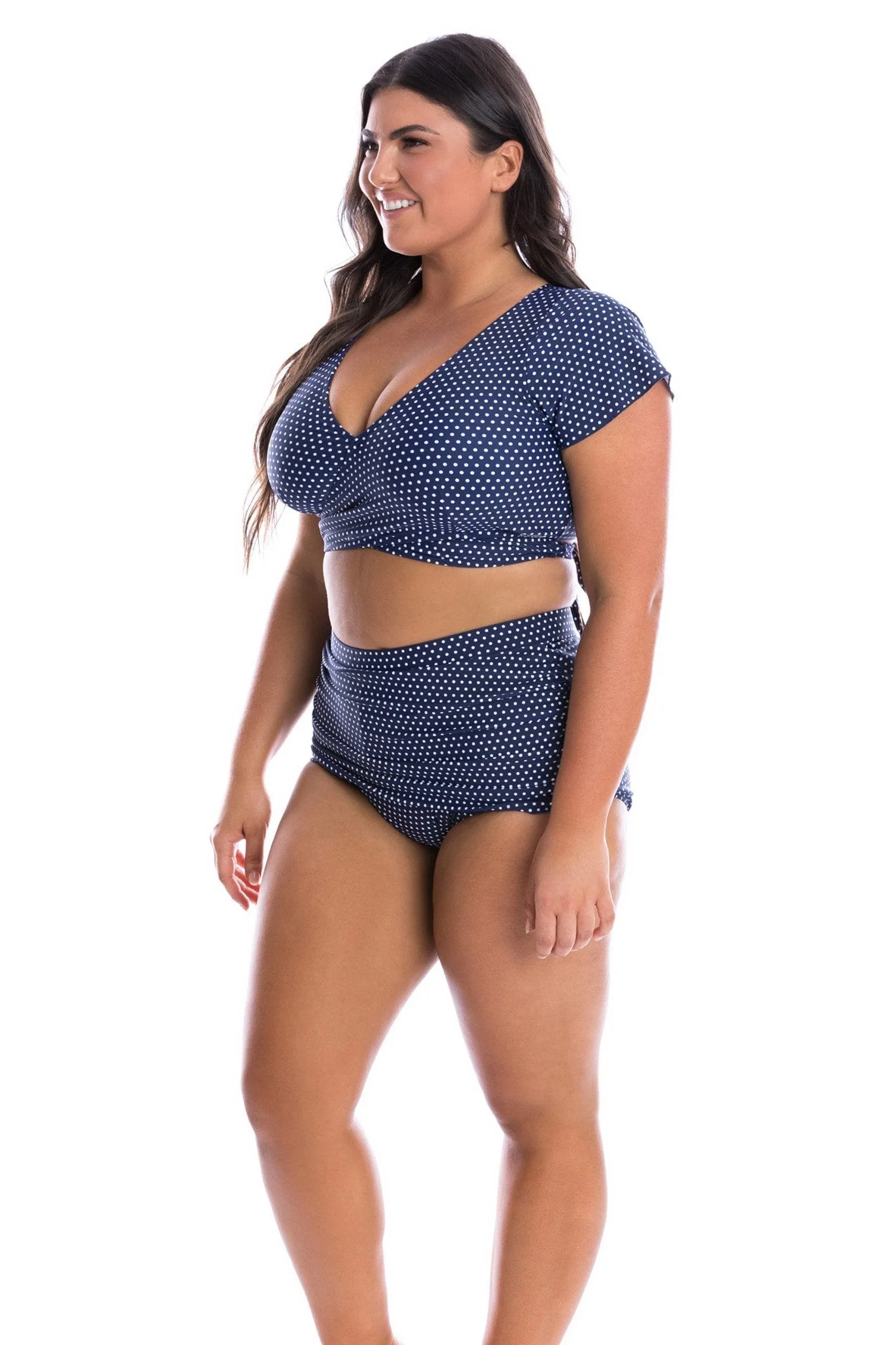 Navy & White Dots Crop Wrap Bikini Top