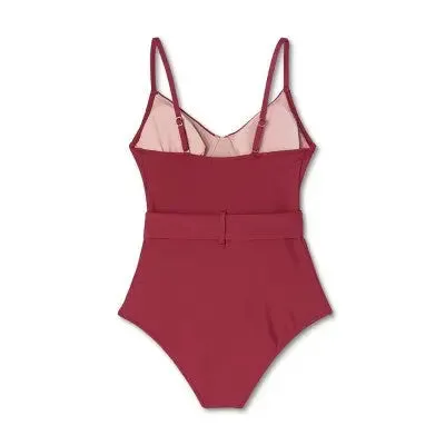 New - Shade & Shore Women's Underwire One Piece Swimsuit Belted Swimwear