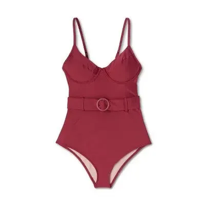 New - Shade & Shore Women's Underwire One Piece Swimsuit Belted Swimwear