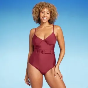 New - Shade & Shore Women's Underwire One Piece Swimsuit Belted Swimwear