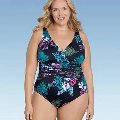 Open Box - Aqua Green Women's Deep V-Neck One Piece Swimsuit UPF 50 Tummy Control