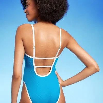 Open Box - Women's Contrast Binding Scoop One Piece Swimsuit - Shade & Shore Blue S