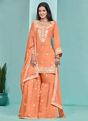 Orange Designer Embroidery Wedding Gharara Suit