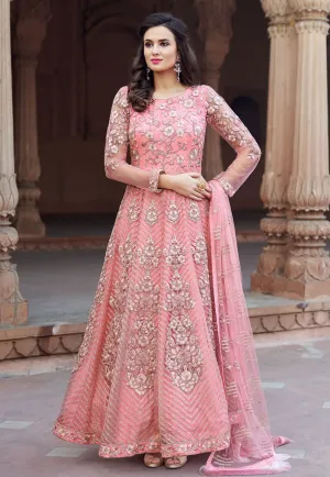 Pink Multi Embroidered Net Anarkali Suit