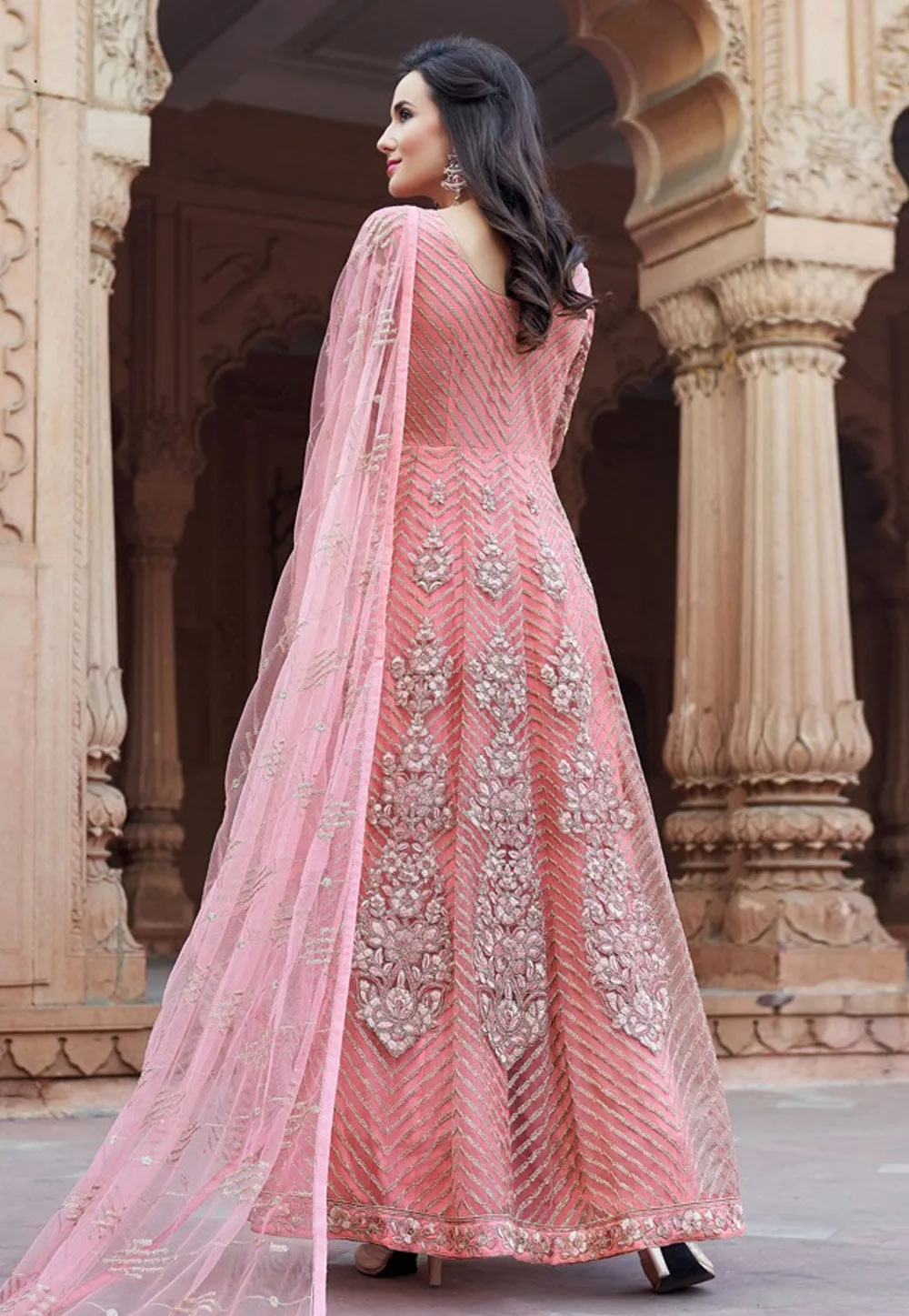 Pink Multi Embroidered Net Anarkali Suit