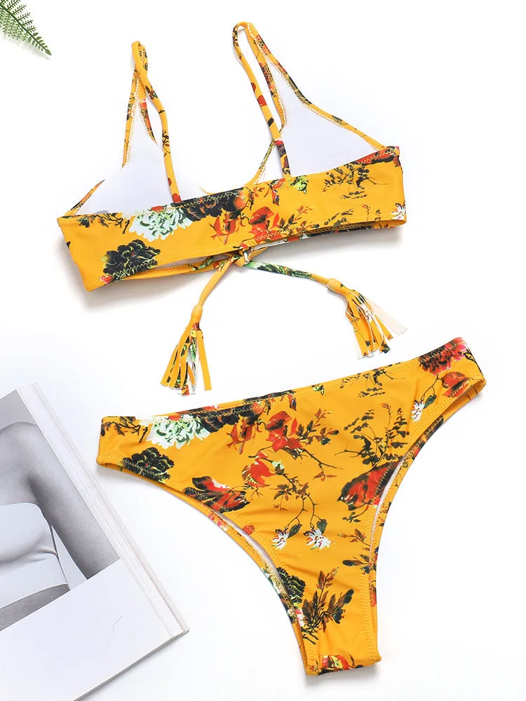 Printed Flower Ribbed Texture Lace Up Tassel String Yellow Bra Thong Bikini