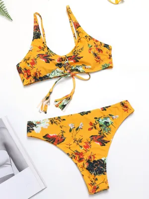 Printed Flower Ribbed Texture Lace Up Tassel String Yellow Bra Thong Bikini