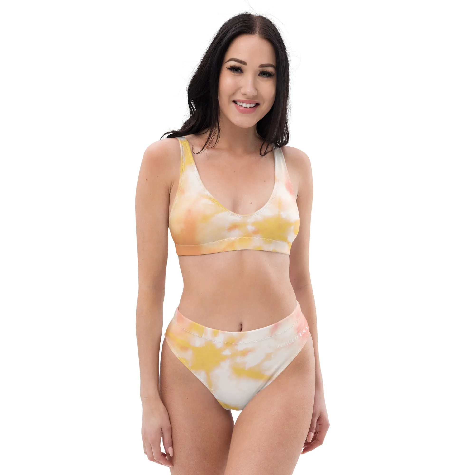 Recycled High-Waisted Bikini - Orange TieDye Print - ZenGen USA Mind-Body-Spirit