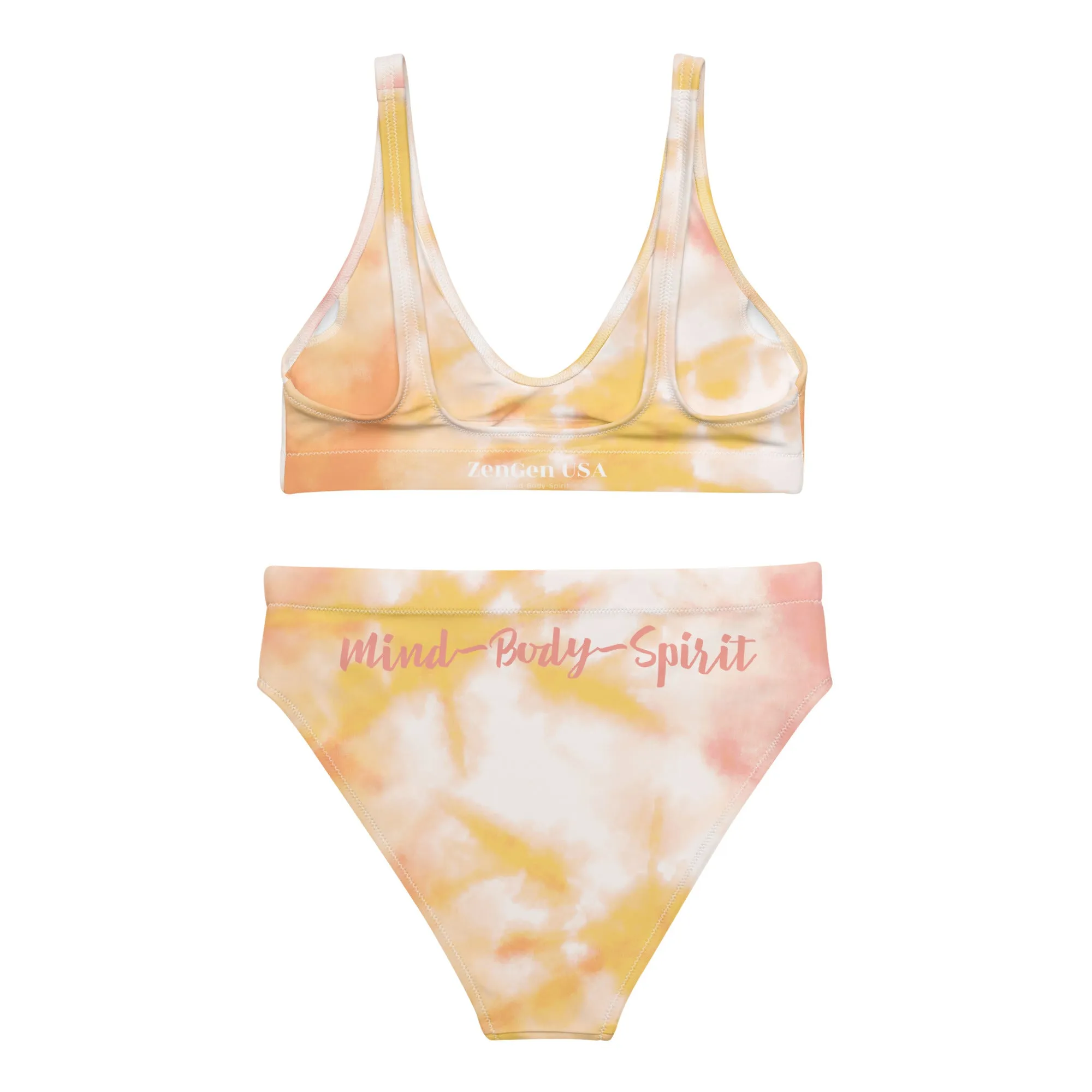 Recycled High-Waisted Bikini - Orange TieDye Print - ZenGen USA Mind-Body-Spirit