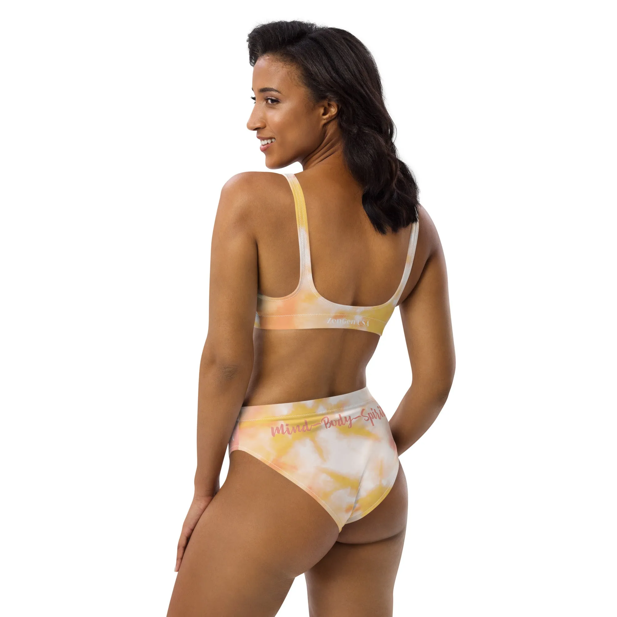 Recycled High-Waisted Bikini - Orange TieDye Print - ZenGen USA Mind-Body-Spirit