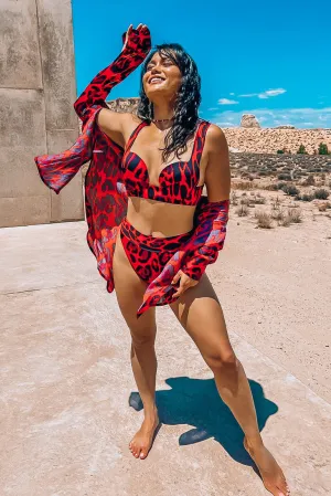 Red Leopard Retro Bikini Top