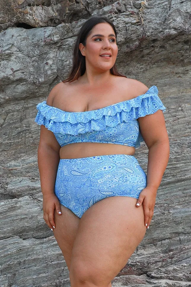 Santorini Blue Frill Off The Shoulder Bikini Top