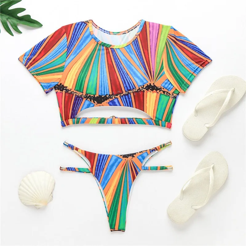 Short Sleeve Tank Beach Swimwear Monokini Bath Suits Hollow Out Blue Stripe Thong  Swimsuit Bikini Set