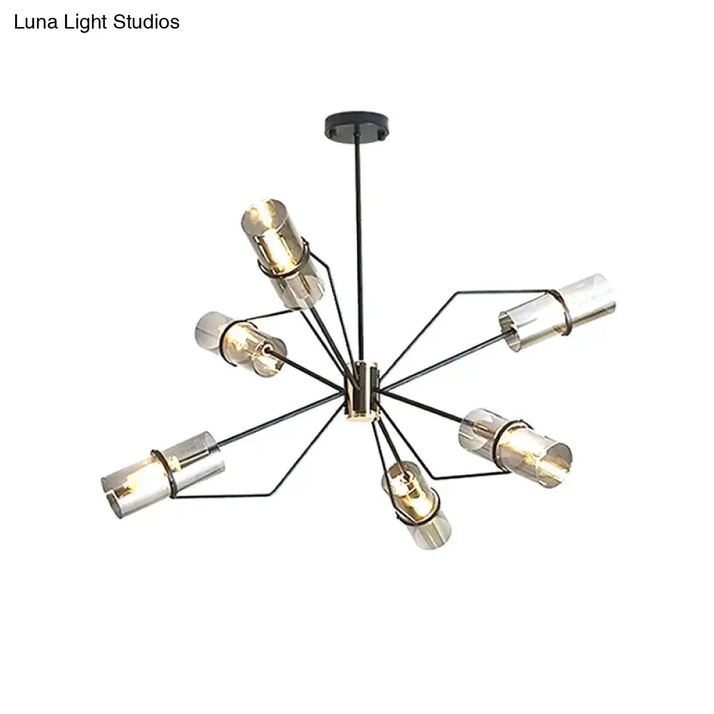 Smoky Gray Glass Cylinder Chandelier Pendant Light | Modern Hanging Lighting | 6-Light Fixture