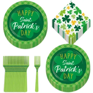 St. Patrick's Day Green & Yellow Shamrock Dinner Plates, Lunch Napkins, and Forks