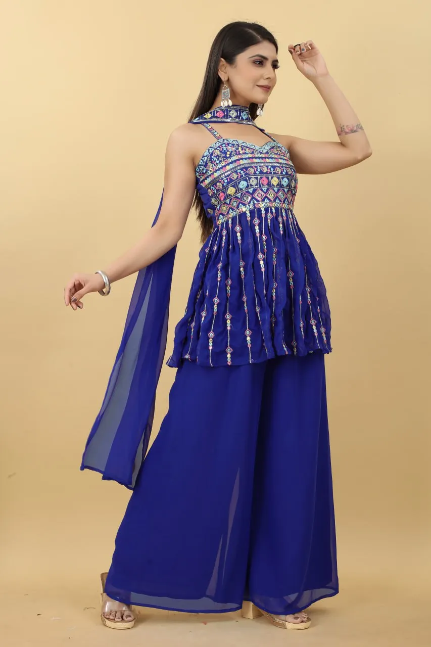 Trendy Blue Color Thread Sequence Sharara Suit