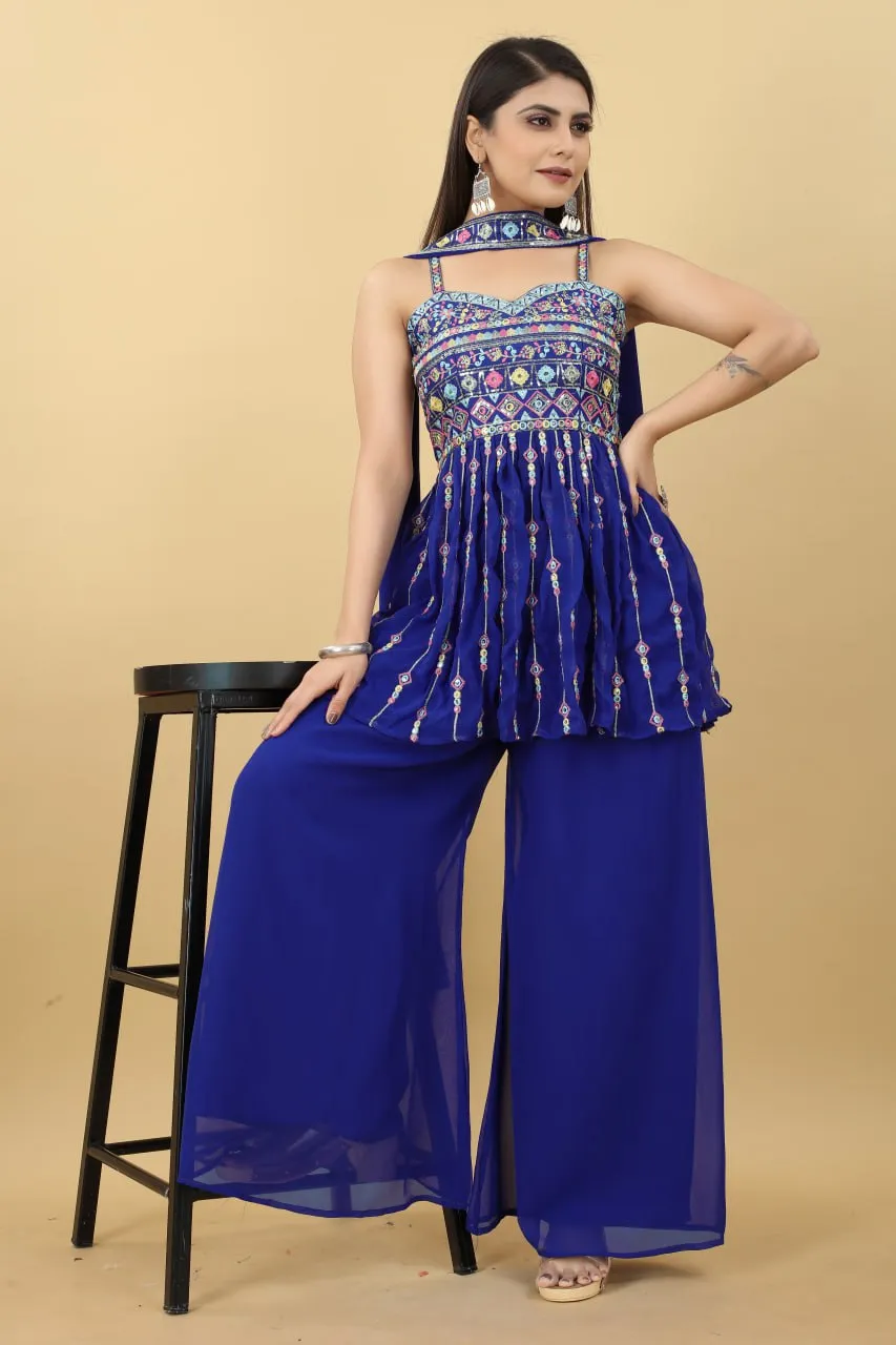 Trendy Blue Color Thread Sequence Sharara Suit