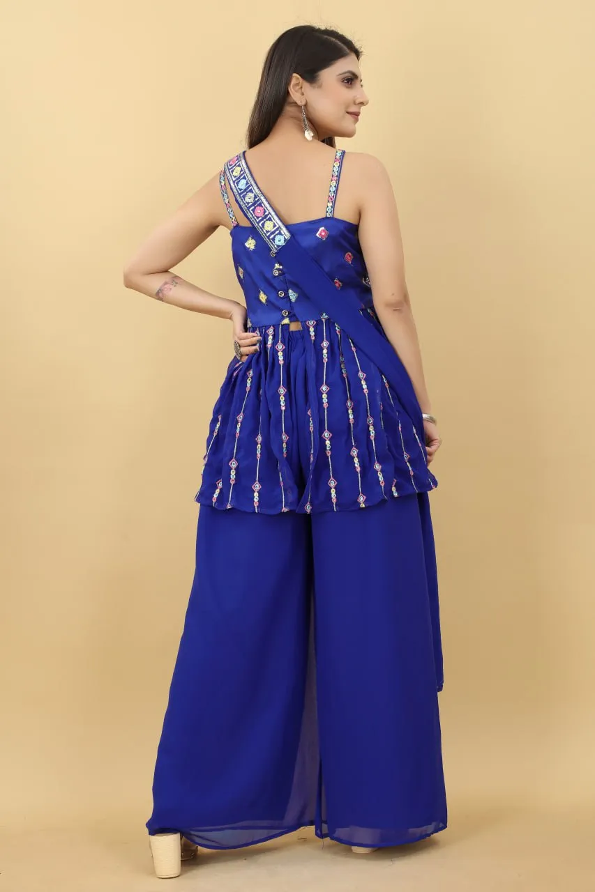 Trendy Blue Color Thread Sequence Sharara Suit