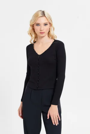 Women Black Rib Long Sleeve Top