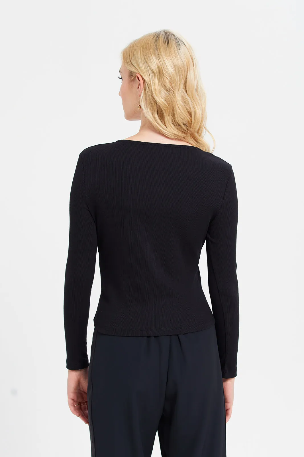 Women Black Rib Long Sleeve Top