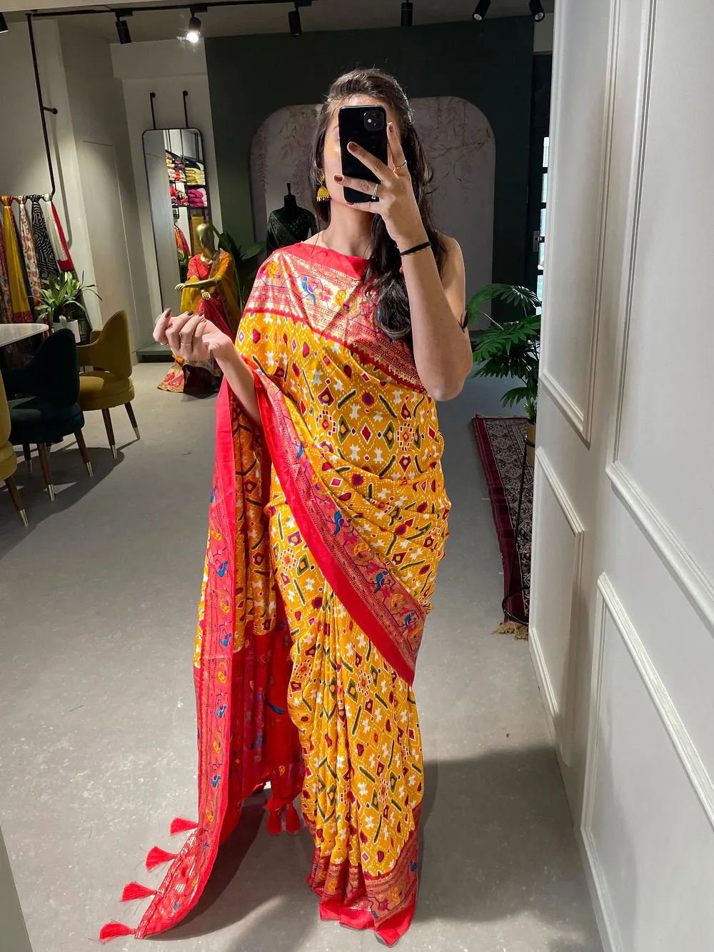 Yellow Color Patola Paithani Printed with Foil Work Dola Silk Saree